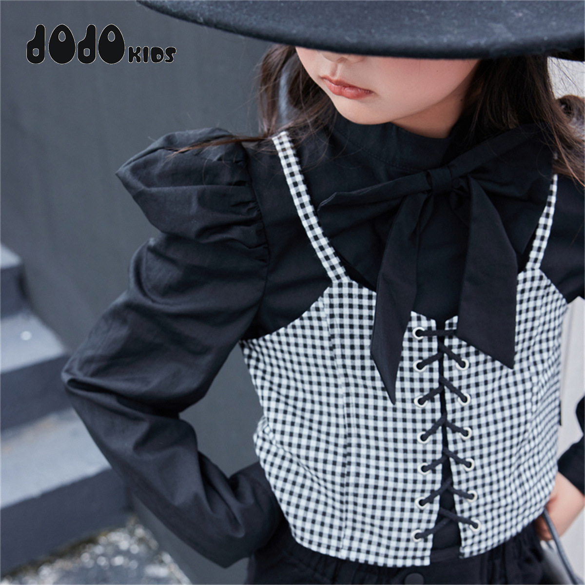 jojo童装女童秋季纯棉新款假两件长袖上衣儿童洋气个性潮牌上衣酷