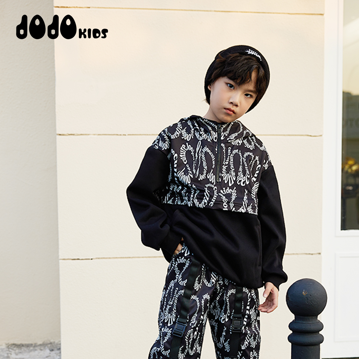 jojo童装男童冬季新款加绒连帽卫衣儿童个性潮牌保暖套头13411022