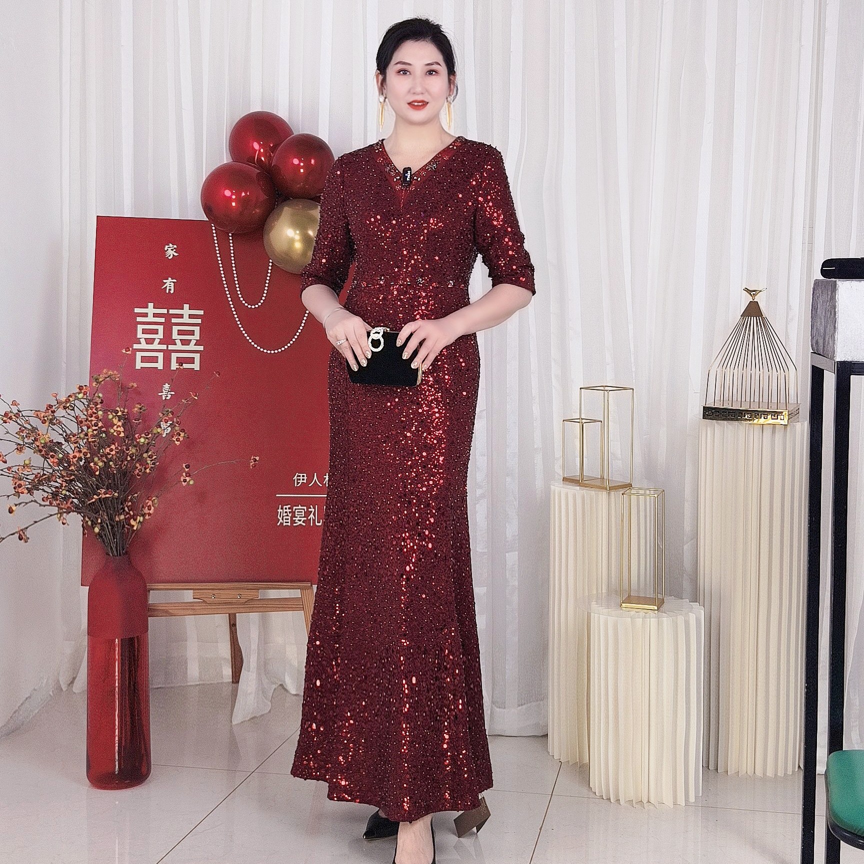 钉珠V领长裙高腰短裙摆镶钻礼服显瘦优雅长款红色时尚气质妈妈装