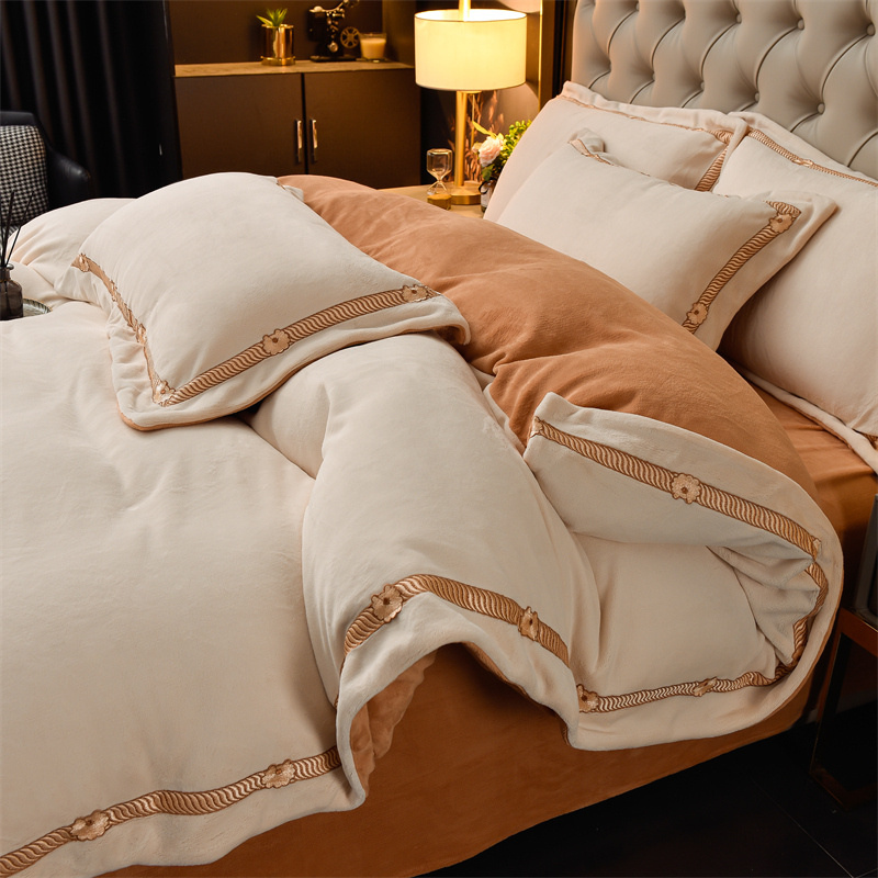 富安娜系列家纺牛奶绒四件套高档冬季双面加绒加厚冬天珊瑚绒床单