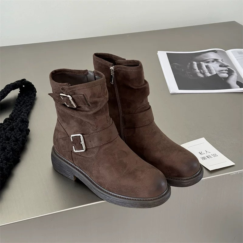 复古机车风堆堆靴圆头厚底中筒时尚短靴女90-8170