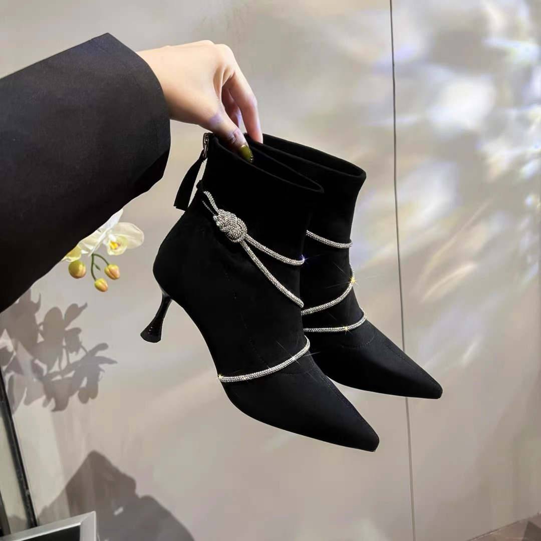 9211-1小众时尚水钻短靴尖头高跟优雅百搭靴子80441