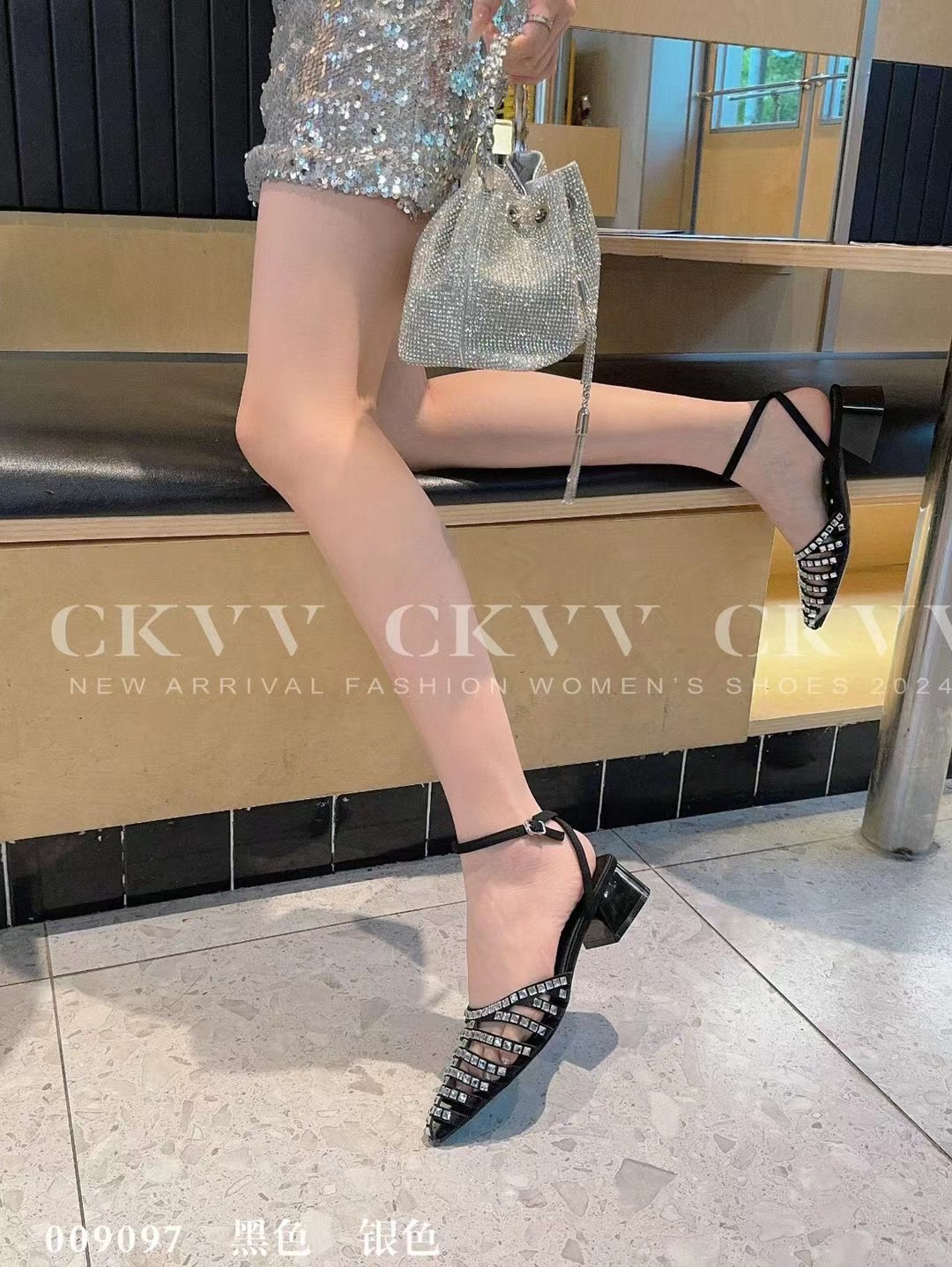 欧美风时尚镂空高跟鞋女鞋夏季水钻一字扣带包头凉鞋单鞋009097