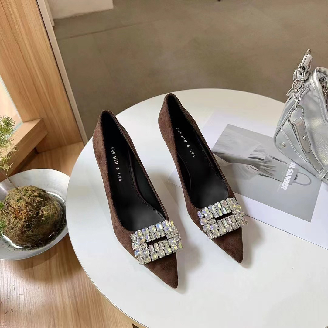 棕色绒面高跟鞋女性感百搭细跟尖头法式水钻单鞋8986-13