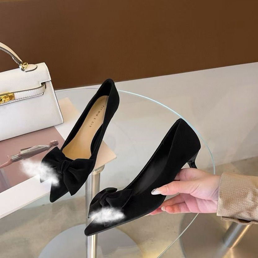 温柔风高跟鞋女法式气质蝴蝶结尖头细跟小单鞋8913-1 A13