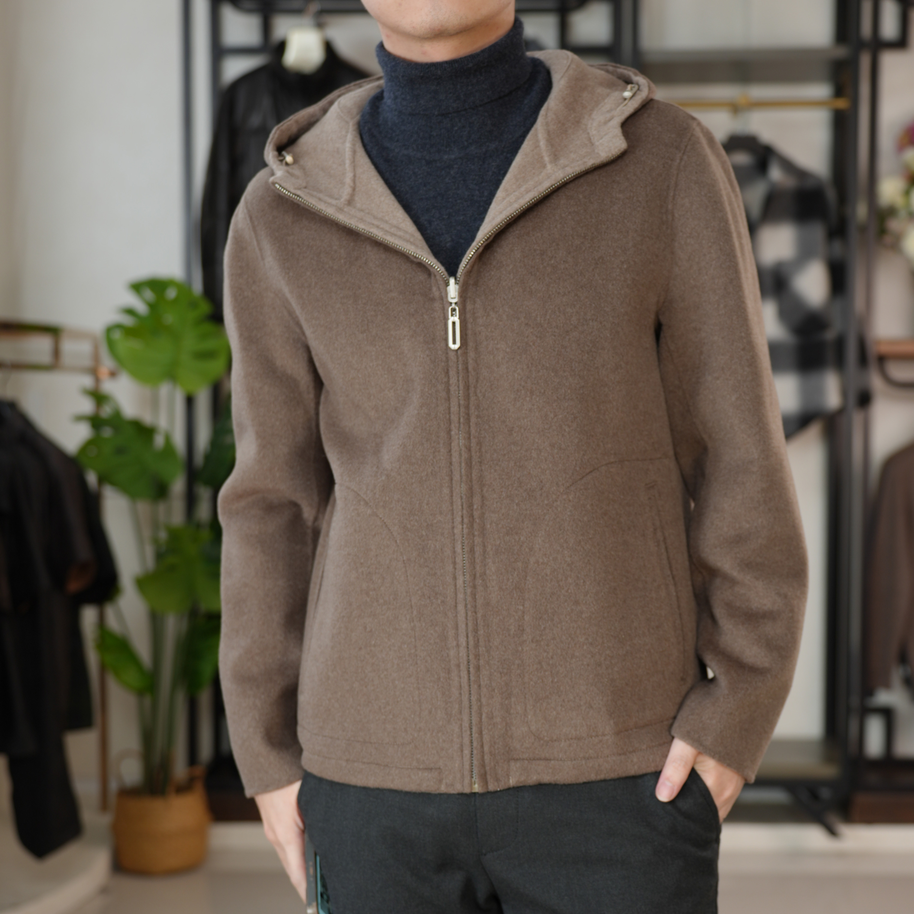 双面穿100%澳洲美莉诺绵羊毛连帽双面呢毛呢休闲男外套