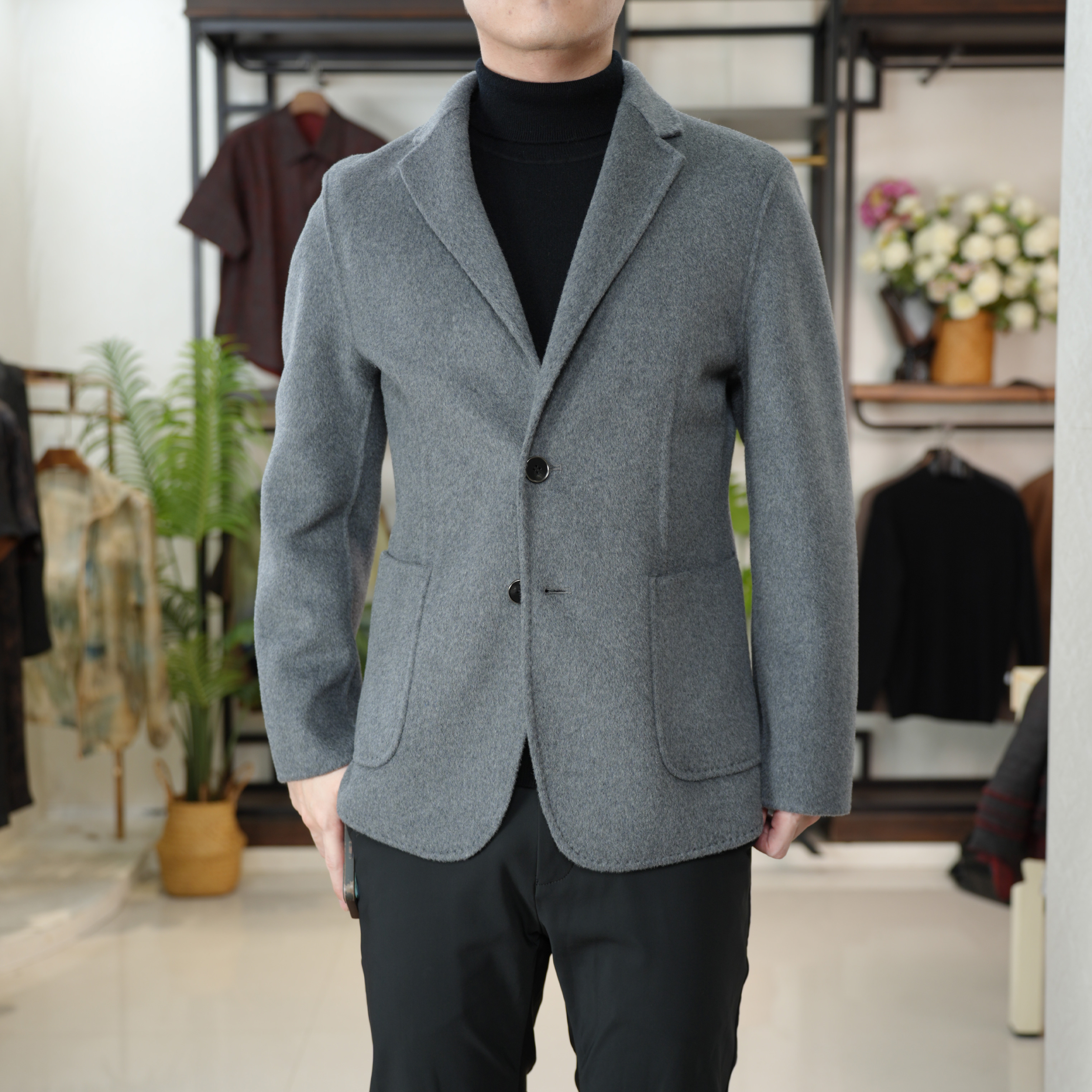 短款优雅星空灰羊绒羊毛经典西装短外套双面呢毛呢呢子男外套