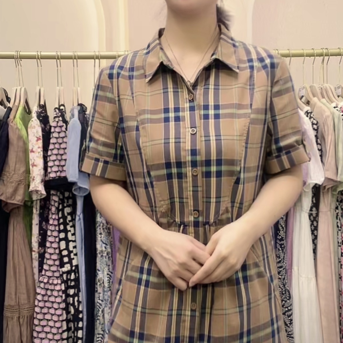 【YS1068】2024夏装新款时尚休闲显瘦格子衬衣连衣裙清凉连衣裙