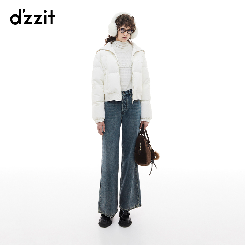 dzzit地素牛仔裤冬季复古丹宁做旧磨毛宽松阔腿裤女3I4R8191S