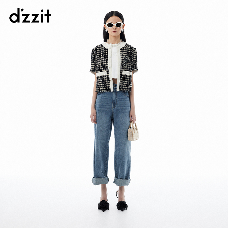 dzzit地素短外套春秋小香风短袖格纹雅丹风上衣女3I3F4323A