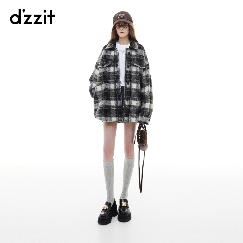 dzzit地素短外套冬季宽松格子绵羊毛混纺毛呢大衣女3I4G2203A