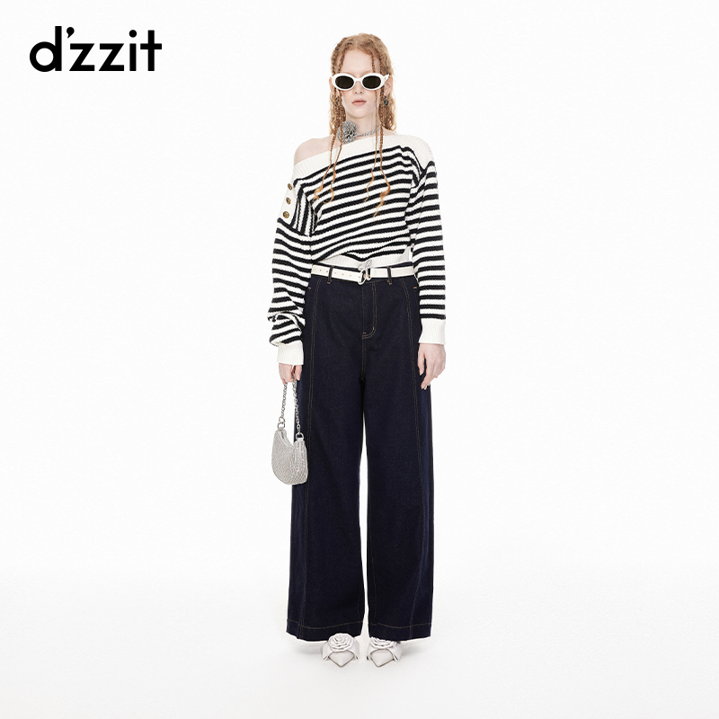 dzzit地素长袖针织衫春秋法式露肩纽扣装饰条纹上衣女3I1E4292A