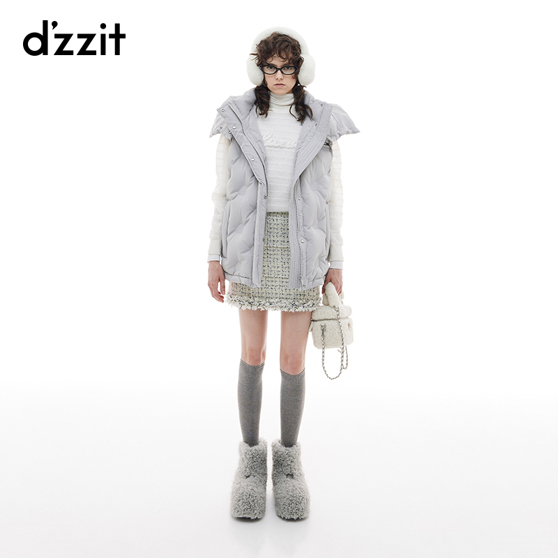 dzzit地素羽绒马甲冬季浅灰色连帽廓形压花外套女3I4K1111D