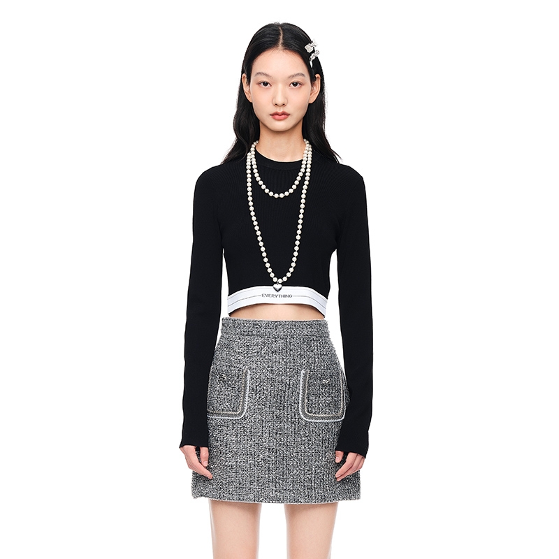 【搭搭精选】dzzit地素春秋修身圆领截短款高腰提花长袖针织衫女