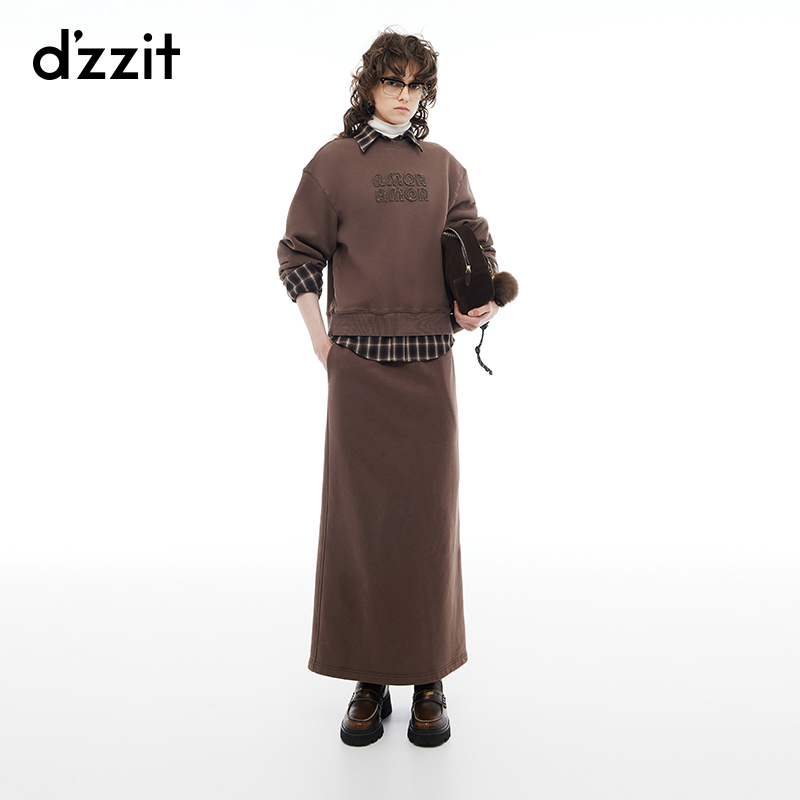 dzzit地素半身裙冬季松紧腰棉质开叉直筒卫衣长裙3I4S4181A