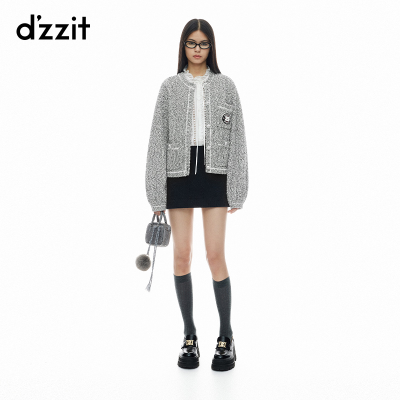 dzzit地素长袖针织衫春秋学院风中灰色开衫外套女3I3E5441E