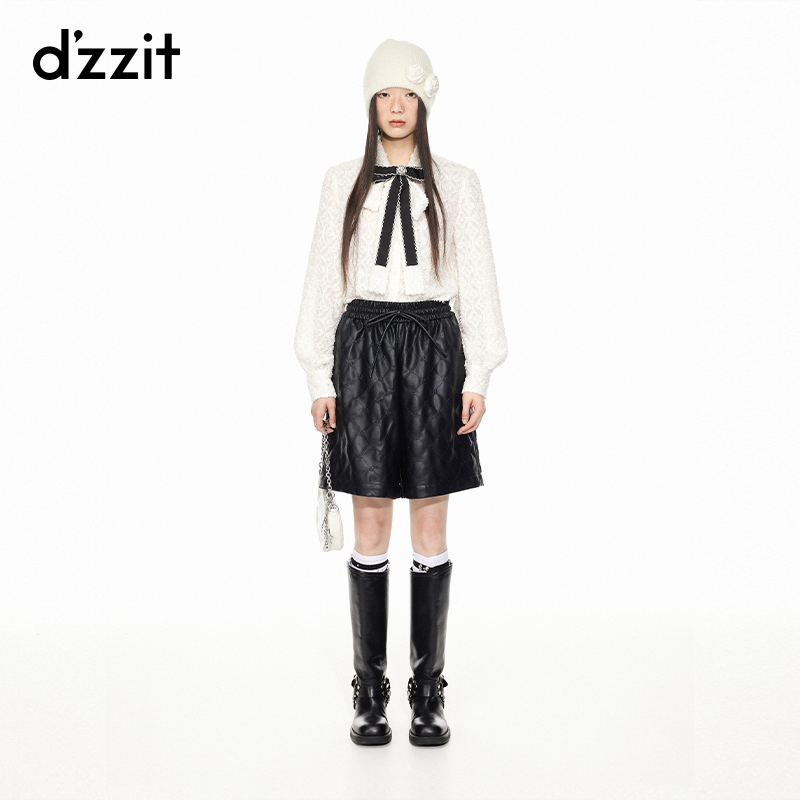 dzzit地素环保皮短裤慵懒风复古黑色宽松松紧休闲裤女3I1Q1011A