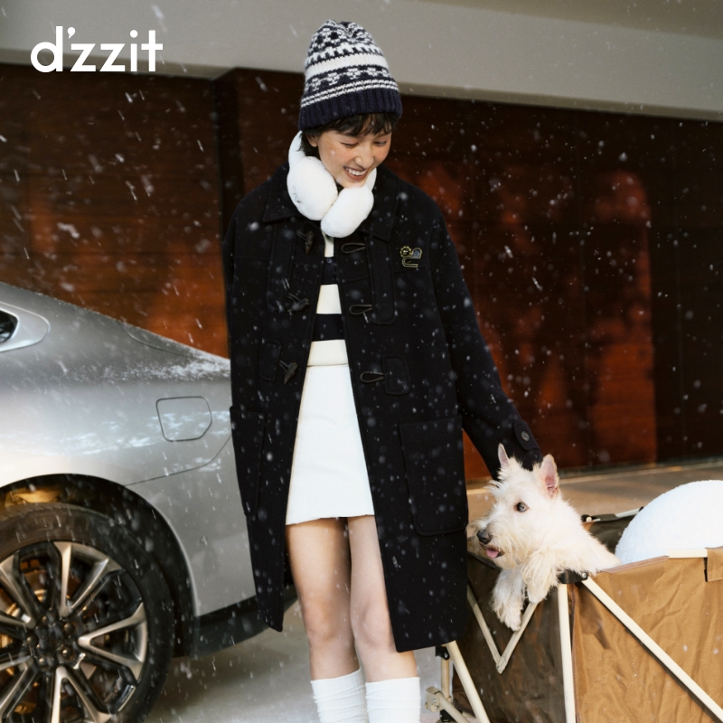 dzzit地素毛呢大衣冬季学院风翻领牛角扣中长外套女3I4G2541T