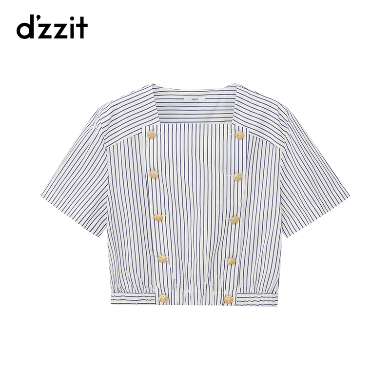 【搭搭精选】dzzit地素条纹短袖小上衣夏季摩登方领双排扣箱型女