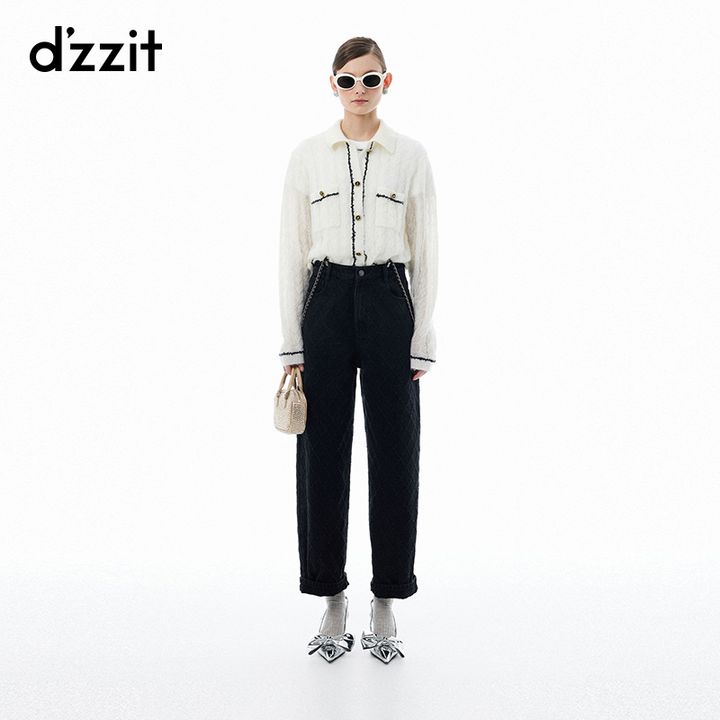 dzzit地素长袖针织衫简约羊毛混纺撞色开衫女3I3E5421B