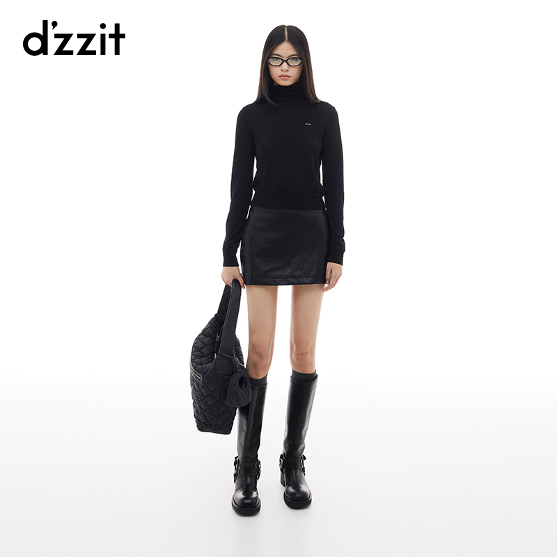 dzzit地素半身裙24冬新款千金风黑色环保皮拼接棉短裙女3I4H5021A