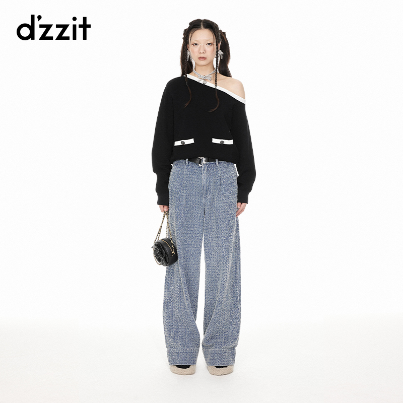 dzzit地素斜肩针织衫春秋小香风气质撞色长袖毛衣女3I1E4101A