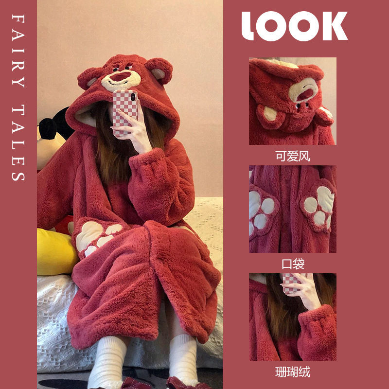 珊瑚绒睡袍女秋冬季睡衣女冬加绒加厚浴袍长款法兰绒家居服套装