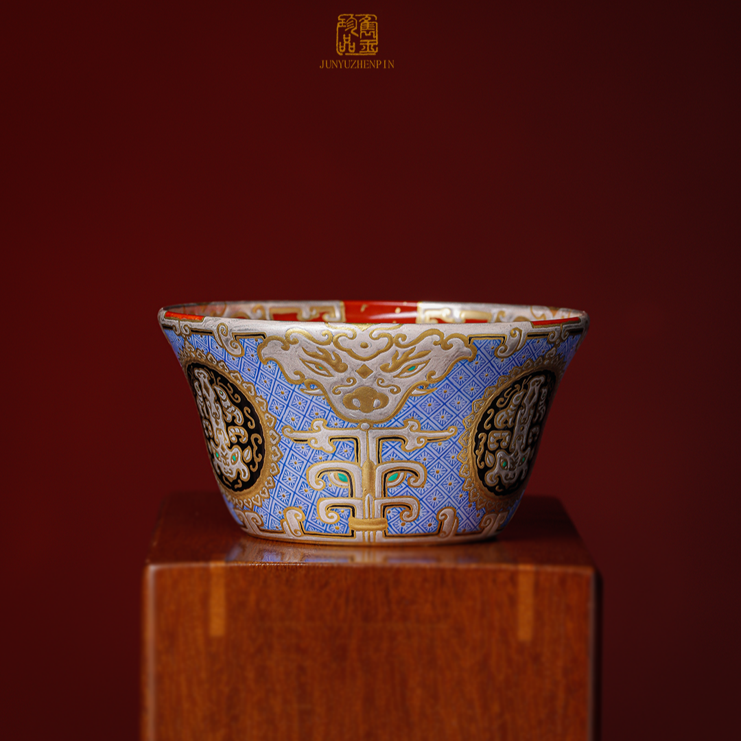 三千侃瓷 隽玉珍品珐琅彩错金银饕餮纹折口杯 JYWZL068