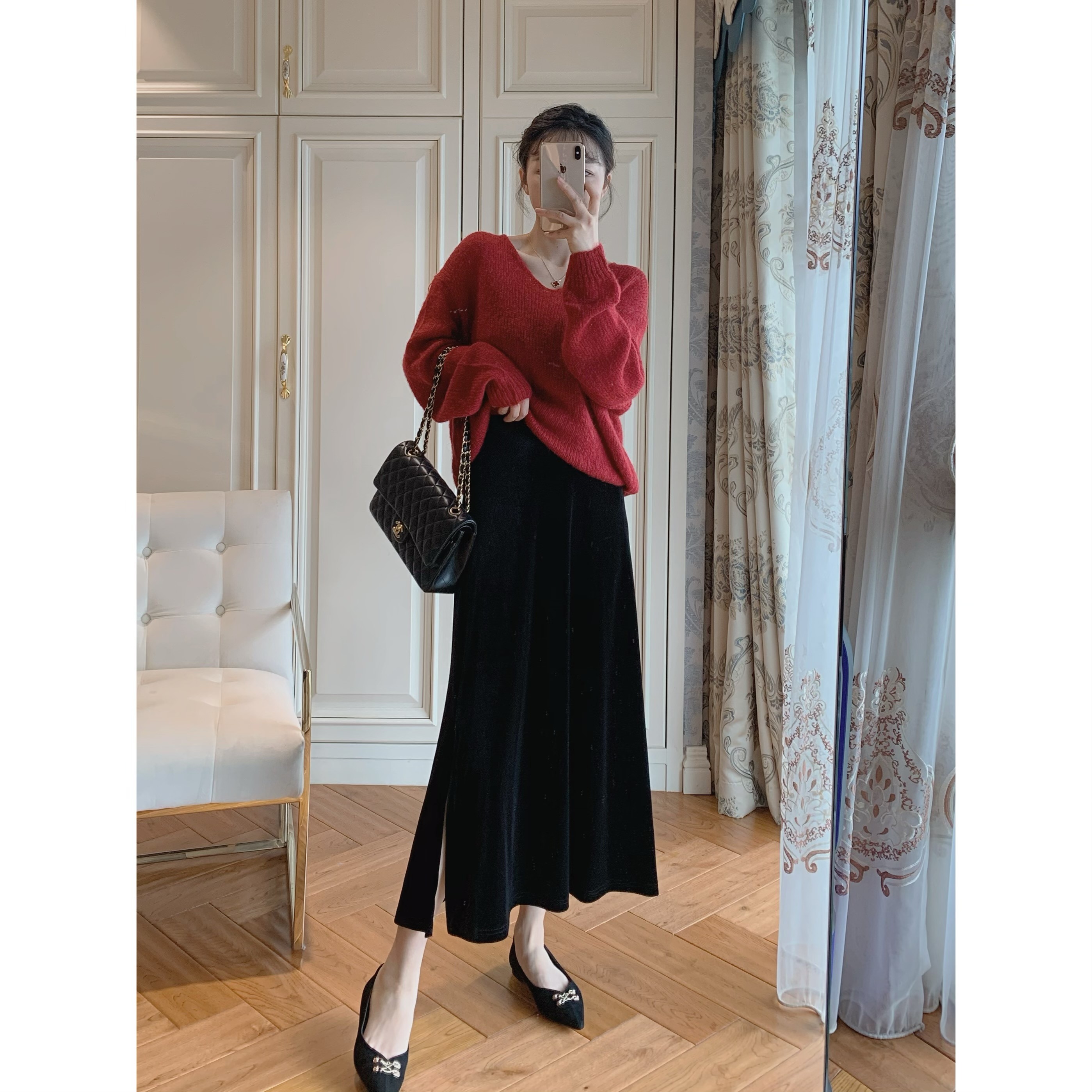 【竺姐】气质高腰显瘦百搭侧开叉中长款黑色A字丝绒半身裙