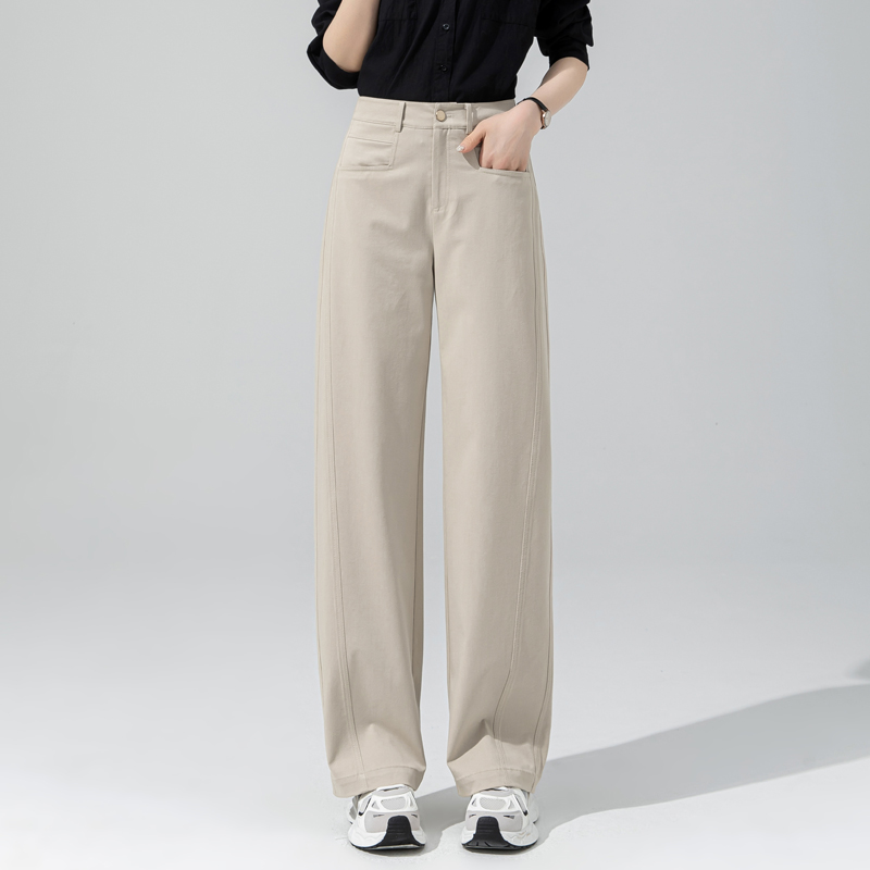 窄版阔腿裤女2025新款春秋水洗棉米色裤子女设计感小众美式直筒裤
