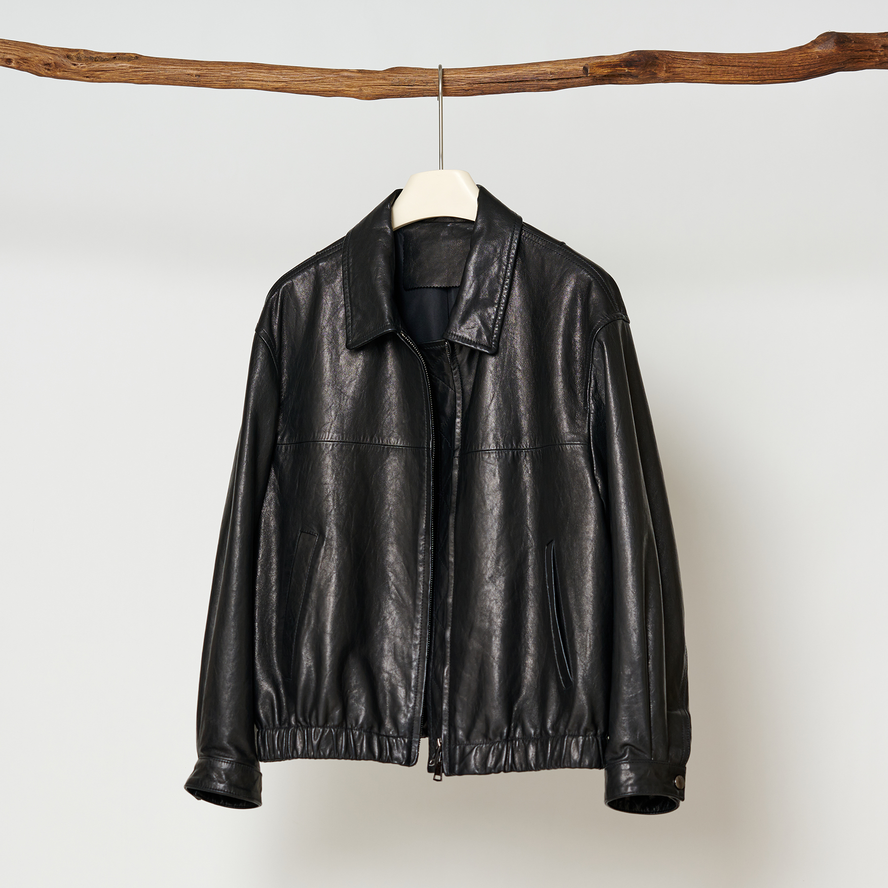 高奢随性重工油蜡皮山羊皮 休闲廓形翻领飞行员皮夹克真皮皮衣女