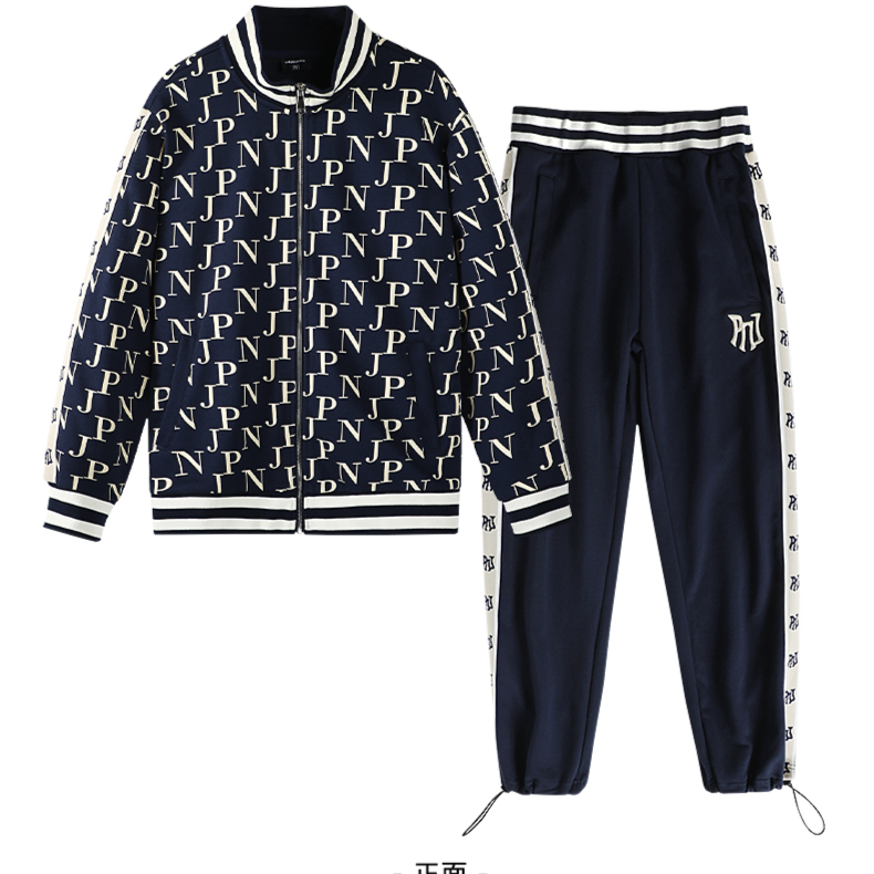 pnj运动服套装春秋季夹克休闲印花立领长袖复古时尚满印男女同款