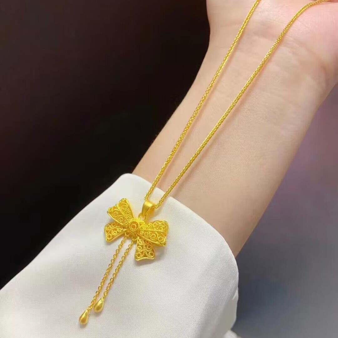 足金999蝴蝶结项链蝴蝶结抽拉肖邦链黄金蕾丝边蝴蝶结黄金按克卖