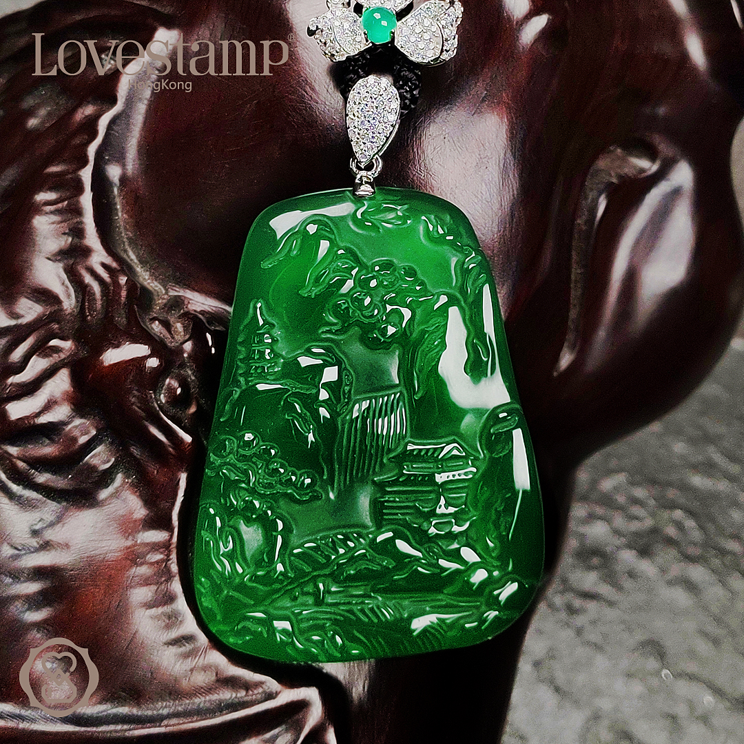 LOVESTAMP/爱登满绿镶嵌山水牌含黑绳LSP5441