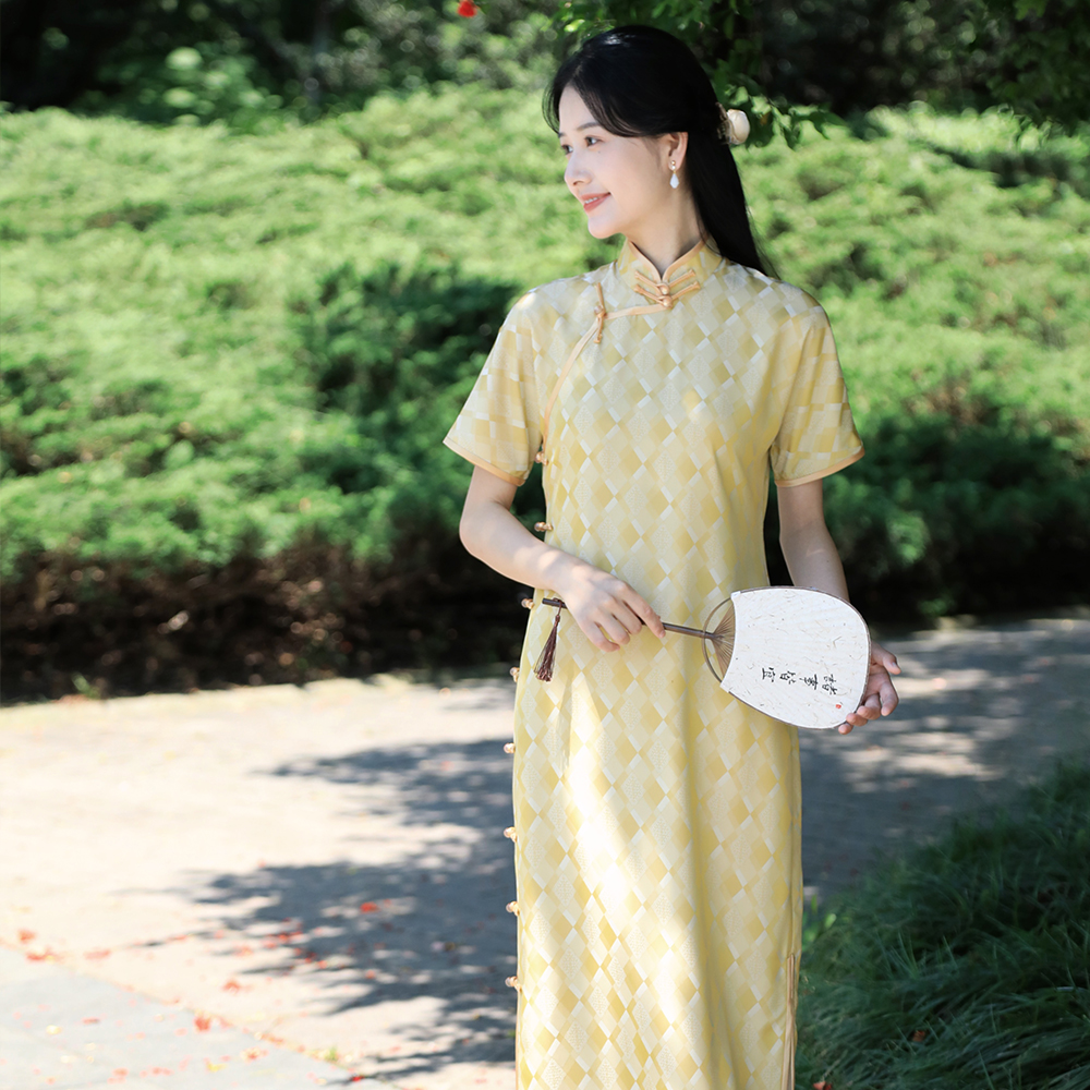 半枫荷春夏全开襟平裁无省黄格子提花双层少女日常民国风古法旗袍