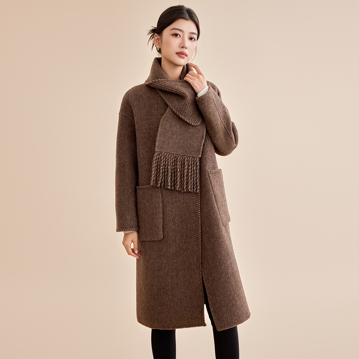 GOOBGS秋冬宽松女士百搭经典中长款气质绵羊毛大衣G4485081-6