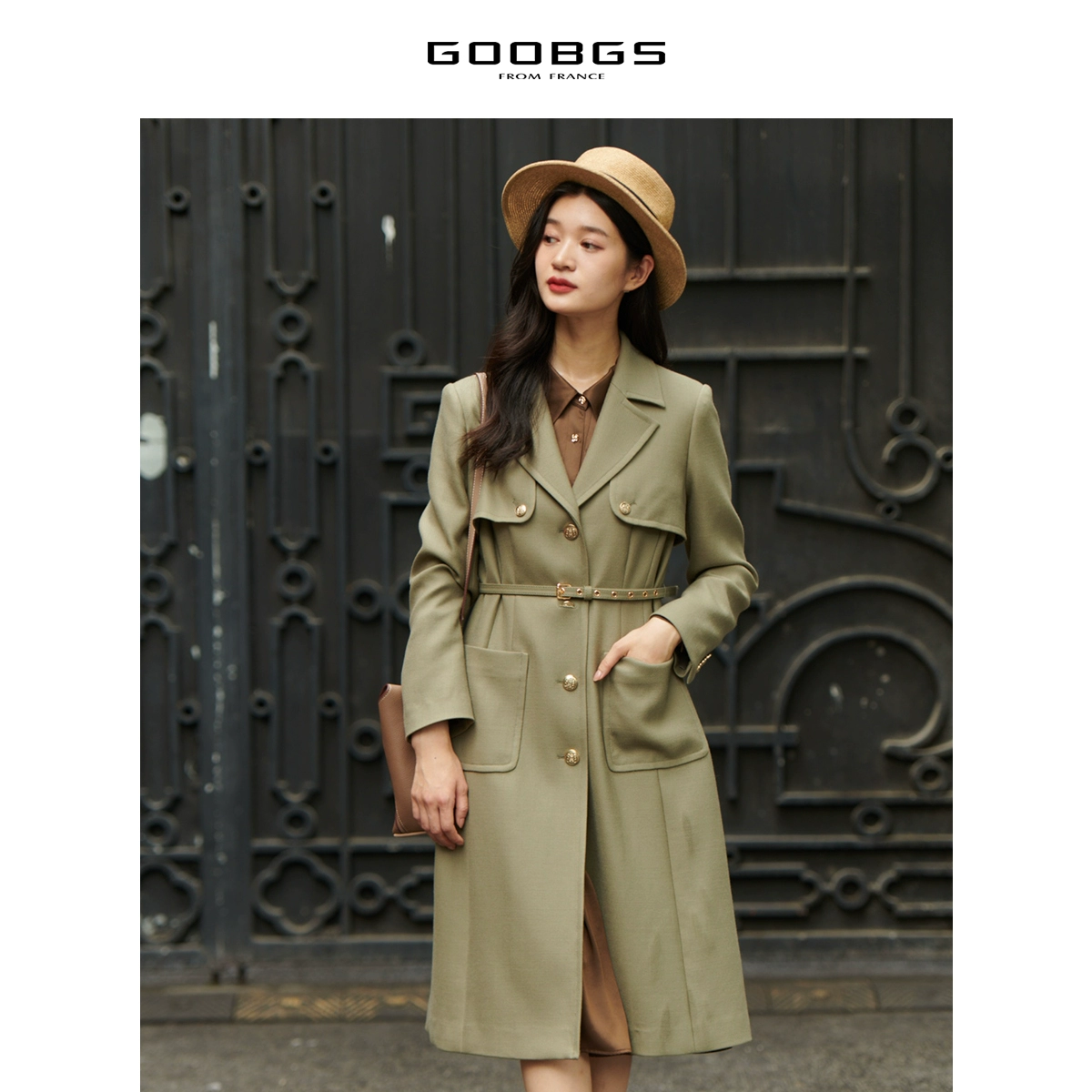 GOOBGS宽松中长款风衣女收腰休闲外套G3351636