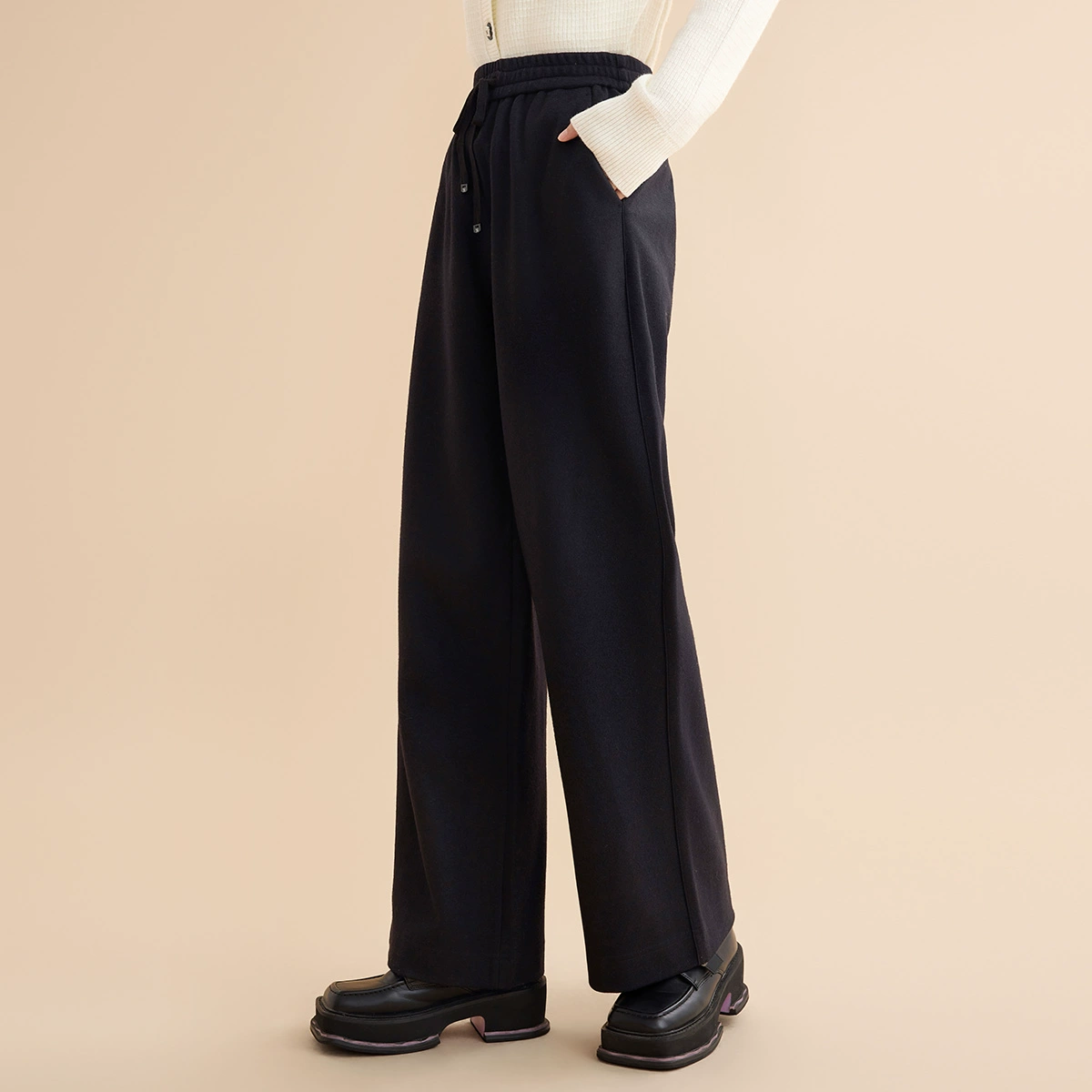 GOOBGS绵羊毛休闲高腰黑色长裤G4391470-6