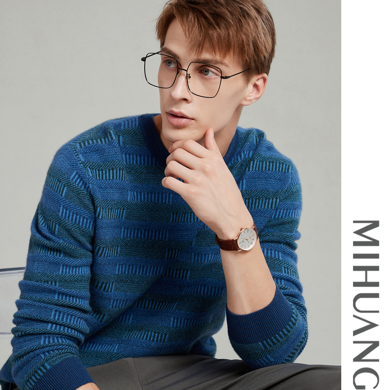 MIHUANG/米皇100山羊绒圆领提花厚款羊绒男衫521104