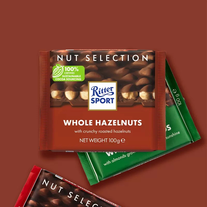 德国进口瑞特滋Ritter Sport榛子黑巧坚果夹心牛奶巧克力100g*3块