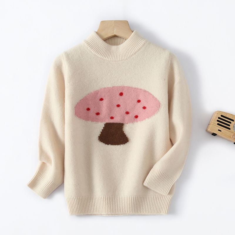 秋冬季中大童半高领100%纯羊毛衫男女童针织打底衫蘑菇中大童套头