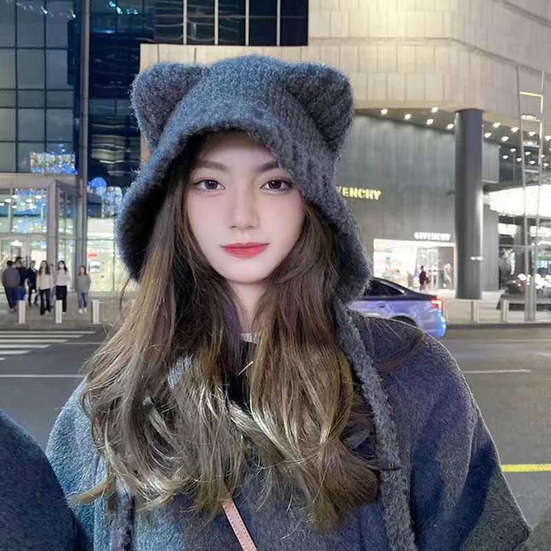 【小扬哥推荐】秋冬可爱小熊毛线帽子女大头围保暖护耳帽百搭显脸