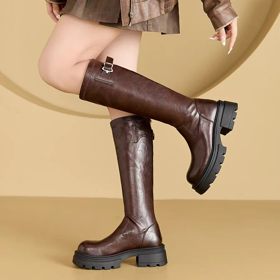 168-97（磨毛）不过膝增高显瘦长筒时装靴子女复古粗跟不累脚骑士靴