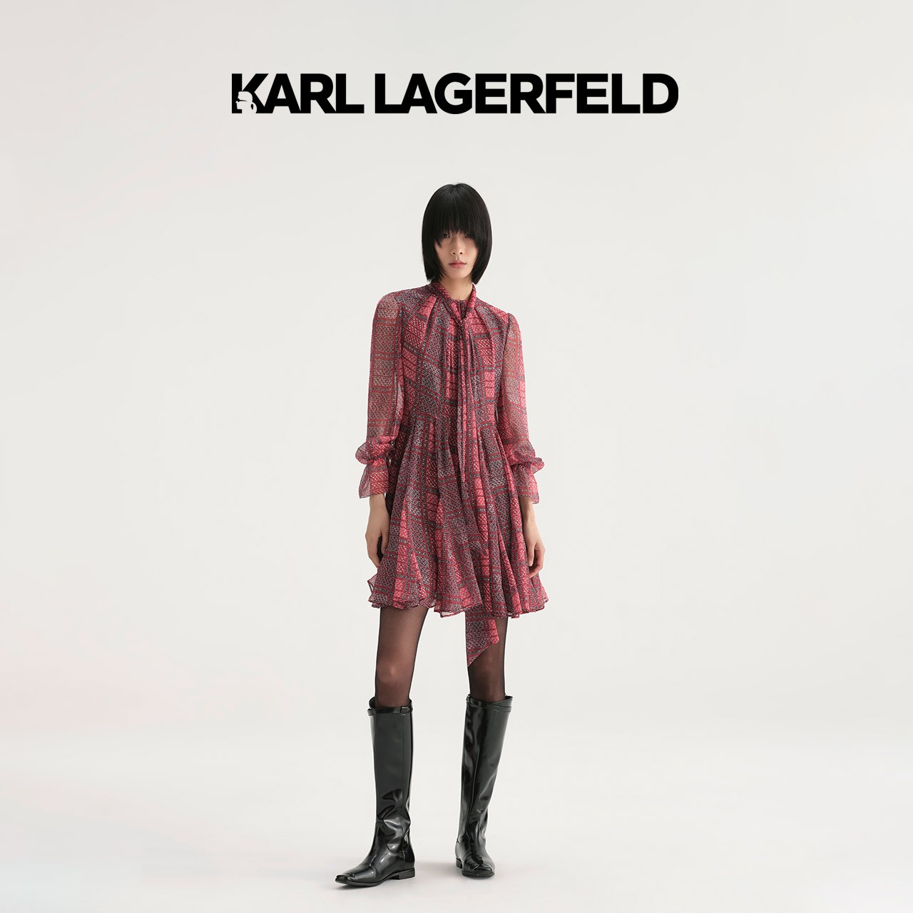 KARL LAGERFELD卡尔拉格斐秋格子灯笼袖收腰连衣裙老佛爷236L1302