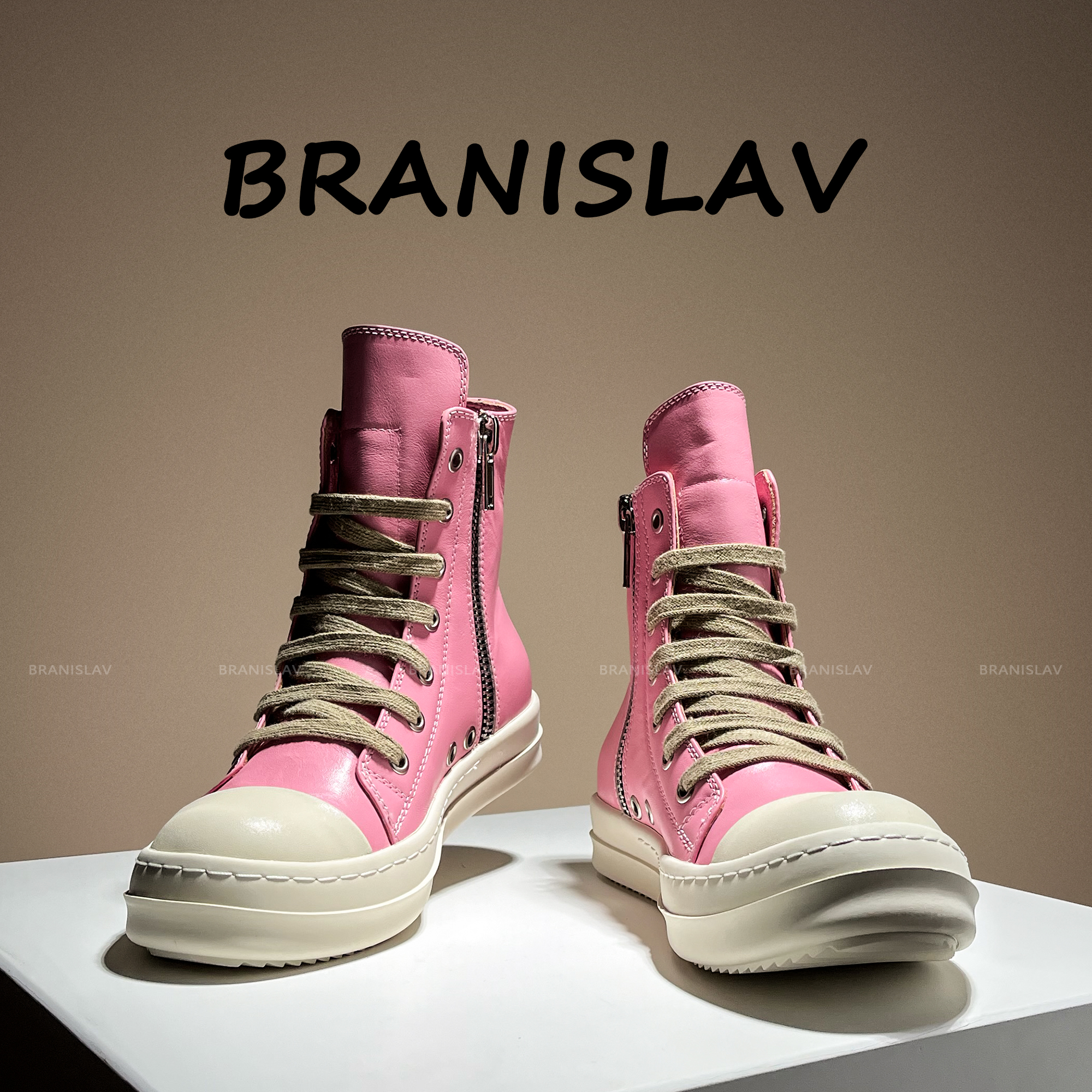 BRANISLAVRo高帮鞋时尚休闲男女小众板鞋牛皮奶香厚低增高潮鞋ins