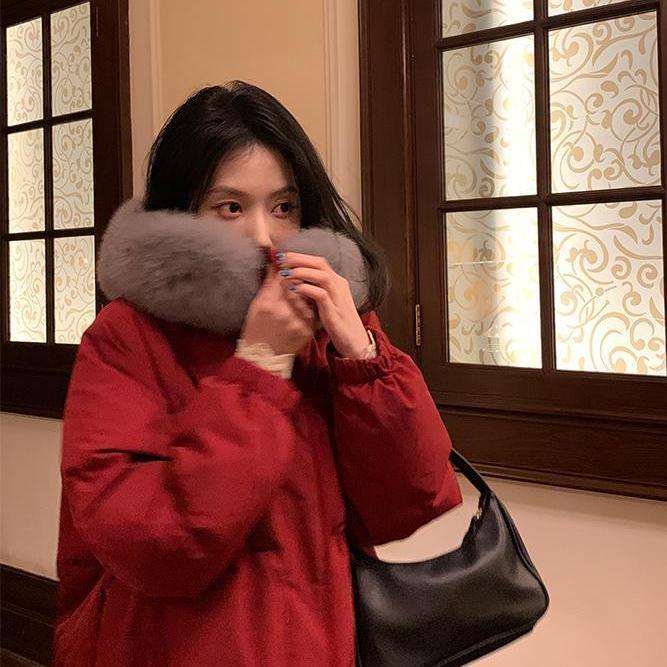 波司澄鹭青冬季长款羽绒服女新款狐狸毛领白鸭绒红色短款羽绒服
