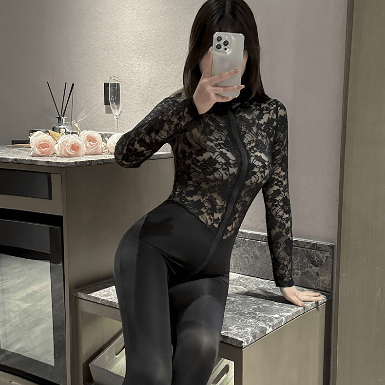 紧身御姐连体网红拉链蕾丝衣服火辣包臀纯欲时尚显瘦气质修身镂空