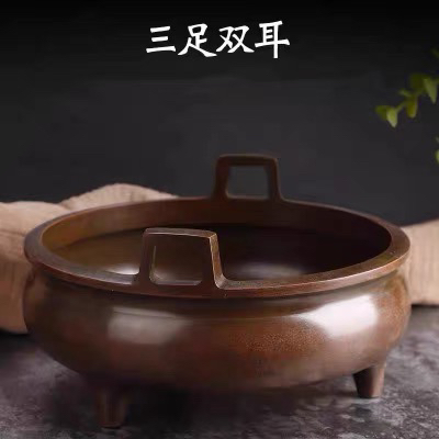 苏工冲天耳铜香炉黄铜大明宣德炉大号家用室内三足铜香炉家用摆件