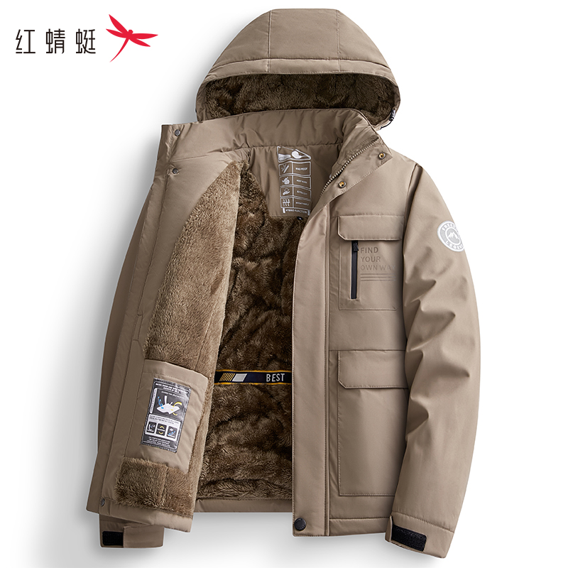 红蜻蜓工装棉服外套男冬季加绒加厚防风防水连帽中老年爸爸冲锋衣