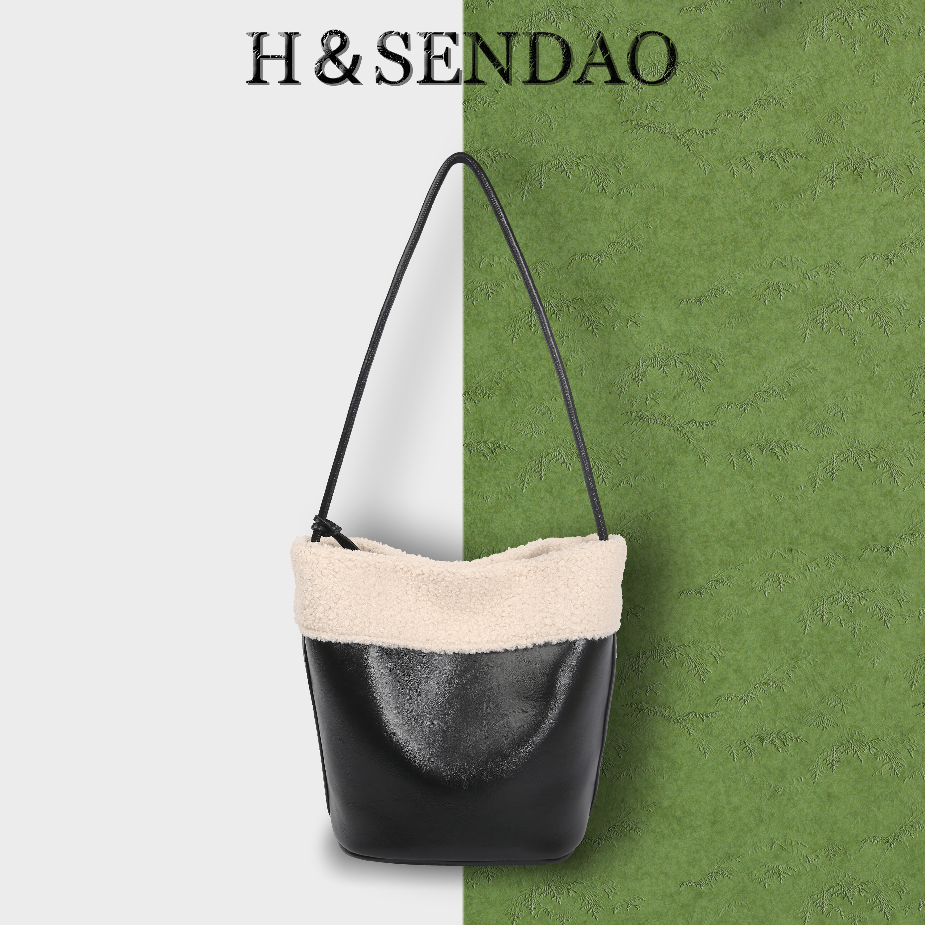 H＆SENDAO森岛拼接风水桶包羊羔毛拼油蜡皮复古港风单肩包